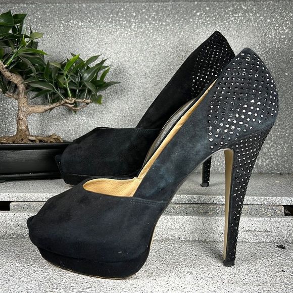 Aldo Eliers Black Rhinestone Embellished Peep Toe Pumps Heels Shoes Size 9 - Picture 1 of 10